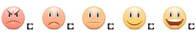 Smiling or frowning faces to indicate satisfaction level from high to low