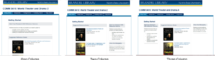 Graphic depictions of one-, two-, and three-column layouts