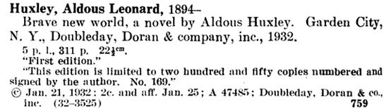 Figure 2. Example of a 1932 P1G1: Books Entry, Brave New World by Aldous Huxley