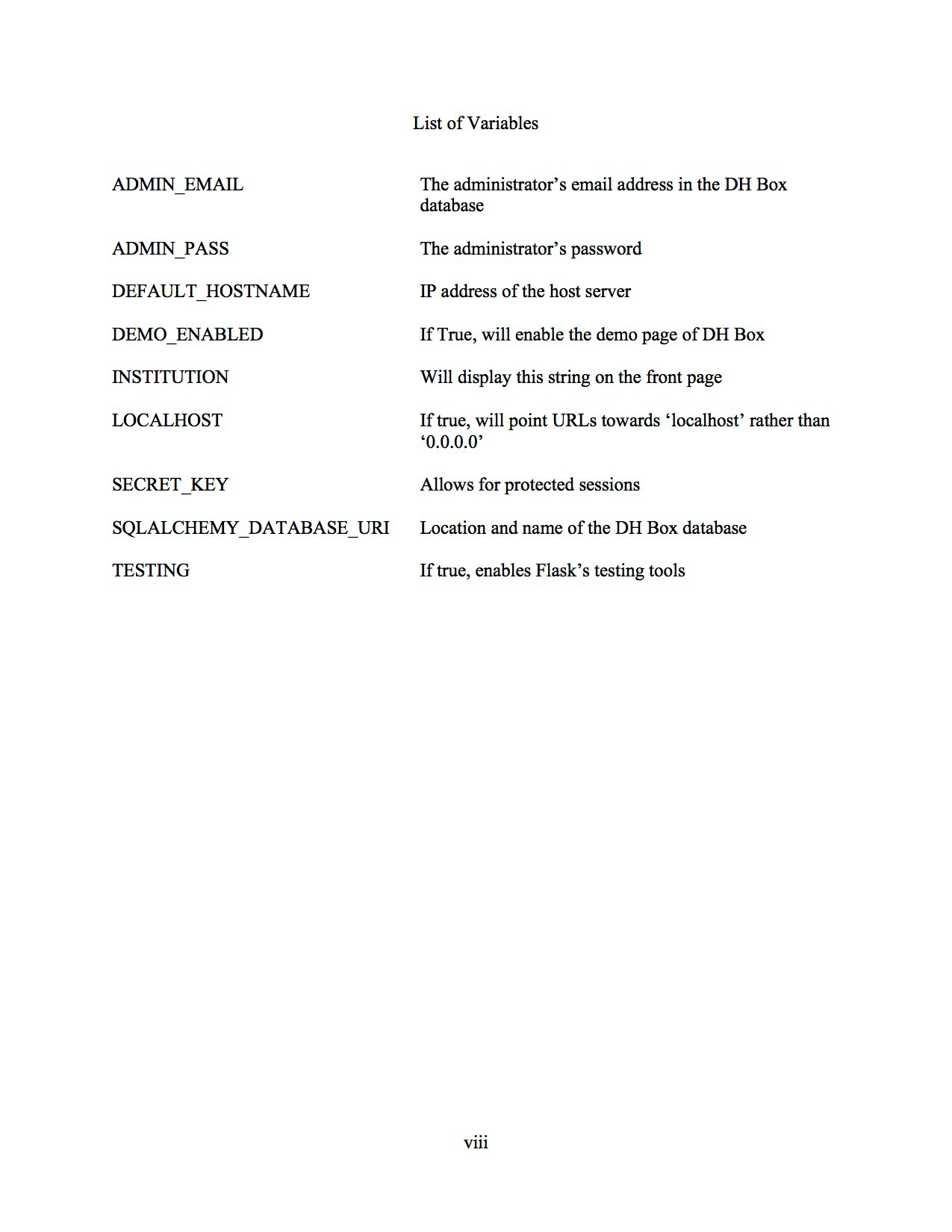 Appendix. Figure 2: List of Variables. List variables on the left in alphabetical order and the corresponding description on the right. This sample page shows a List of Variables for a capstone project that consists of a software application. Source credit: Adapted, with permission, from the documentation accompanying the DH Box project, submitted by Stephen Zweibel as a master’s capstone project at the Graduate Center, The City University of New York.