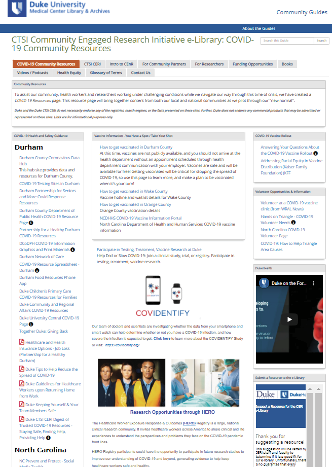 Figure 2. A Partial Screenshot of CERI’s e-Library’s COVID Information Page. Resources in Spanish are available further down. During the subsequent redesign, community COVID resources were relocated to a preexisting Duke Medical Center Library guide