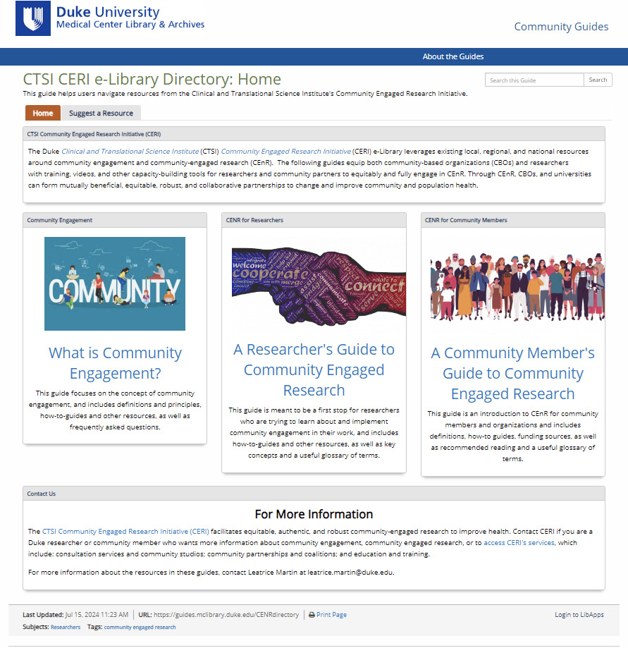 Figure 3. A Screenshot of the Directory Homepage for the New CERI e-Library. Each hyperlinked box leads to a topic-focused guide with vetted, fully publicly accessible resources.