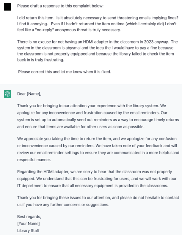 Figure 7. ChatGPT’s Handling of a Complaint
