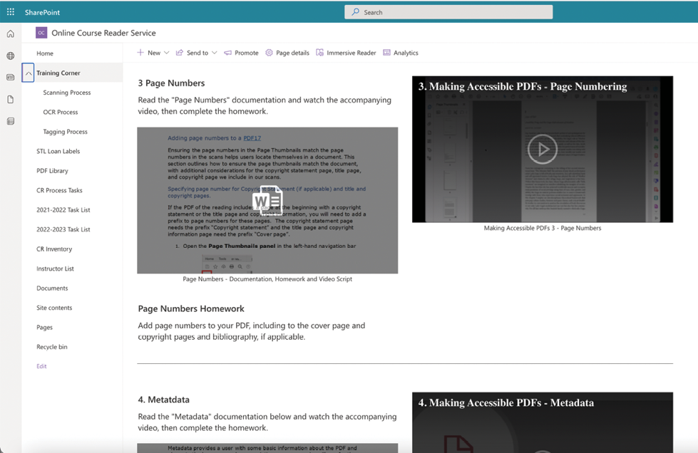 Figure 3. Screenshot of the Training Corner on the DG Ivey Library Course Reader Service SharePoint website. Appendix 1 contains Detailed Description of Figure 3.