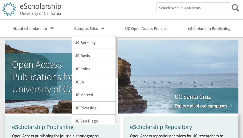 Figure 5. University of California’s System-wide Repository, eScholarship, Including the Dropdown with Links to Local Campus IRs (https://escholarship.org/, archived at https://perma.cc/BRJ6-HVP2)