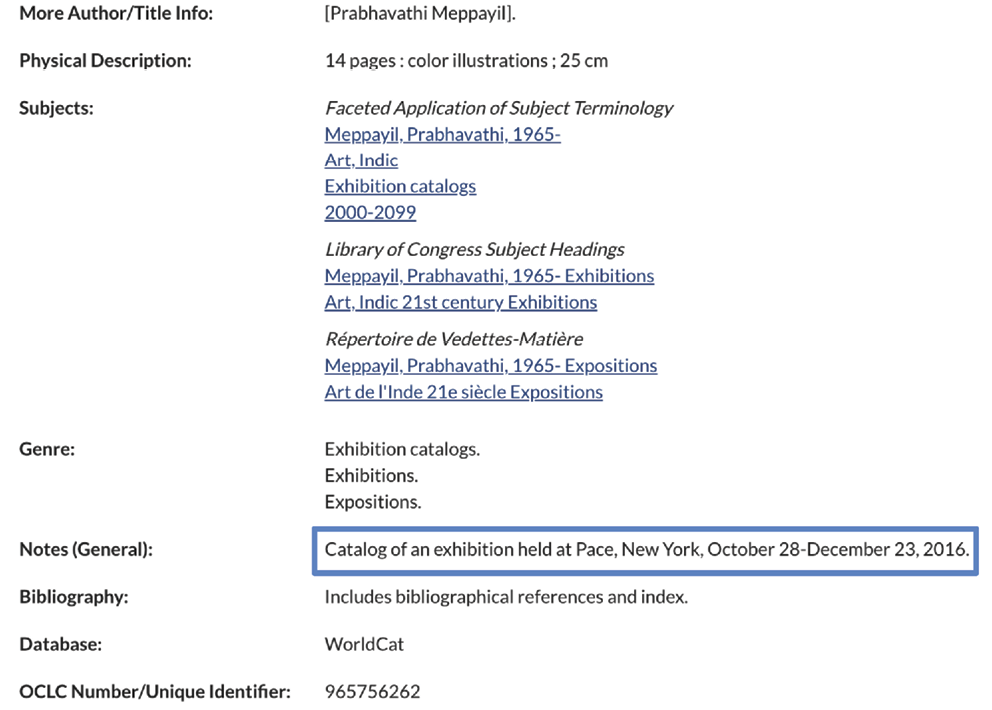 Figure 1. Exhibition Catalog Record Screenshot from the Dataset in OCLC*