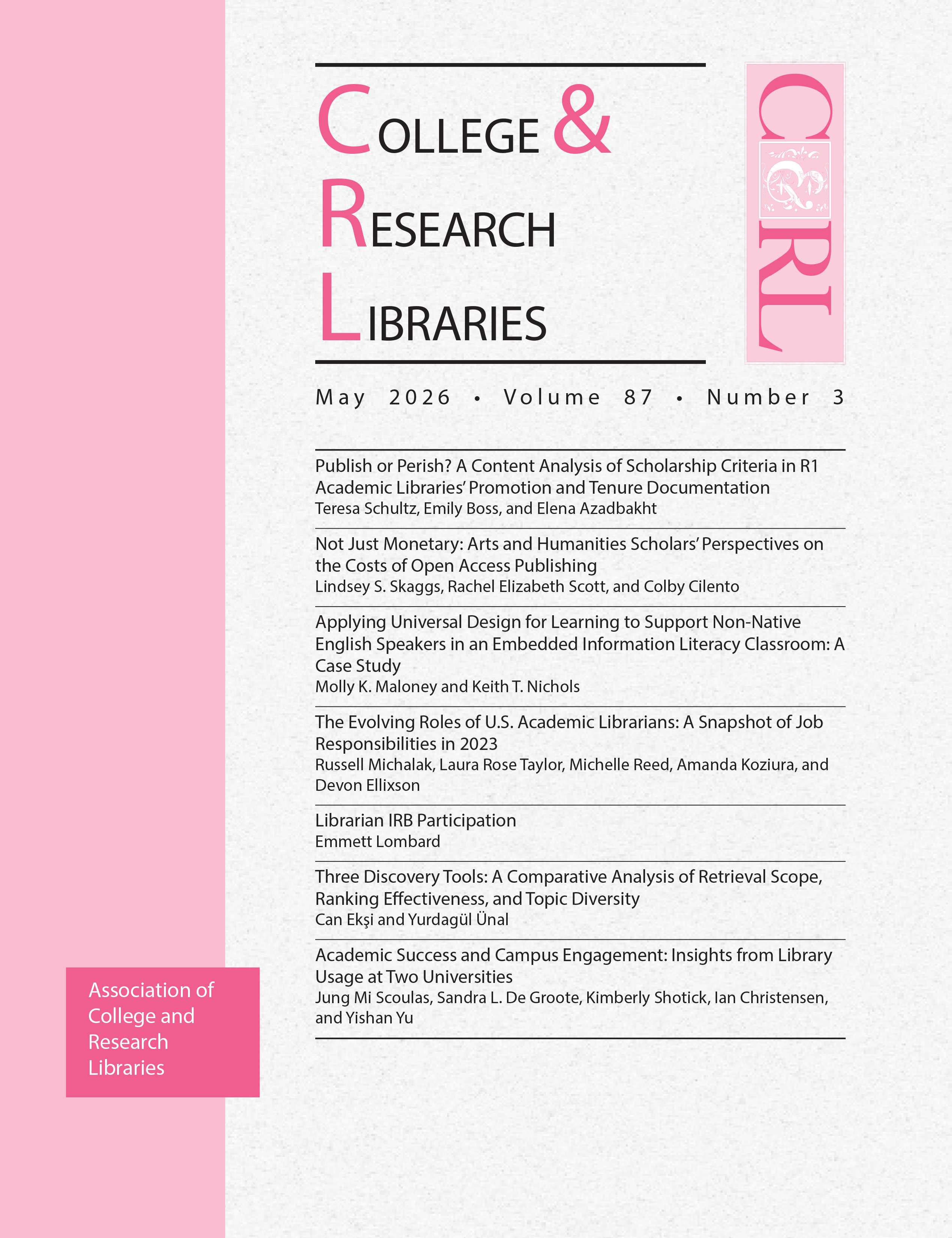 Cover: College & Research Libraries volume 87, number 3, May 2026